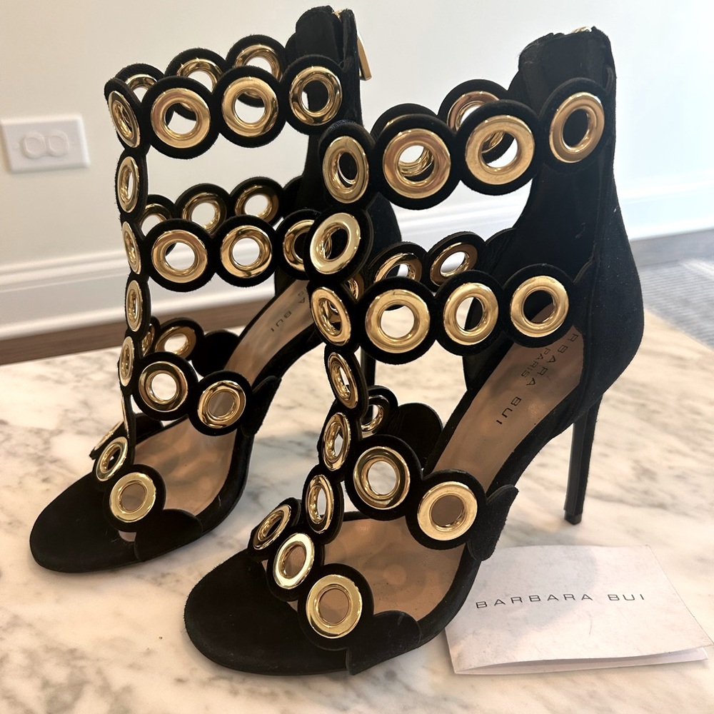 Barbara Bui Black Suede High Heels with Gold Eyelet Rings
